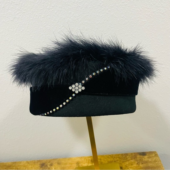 Elegant Black Wool Pill Box Church Hat Feather-Trimmed  with Rhinestone Detail